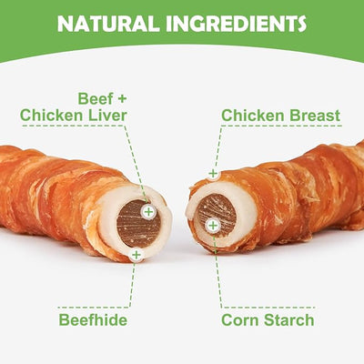 MON2SUN Dog Treats 5 Inch Chicken Wrapped Stuffed Rawhide Rolls with Beef and Chicken Liver, Rawhide Chews for Medium Dogs, 10.6 oz (6 Count)