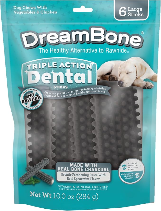 DreamBone Triple Action Dental Sticks Charcoal, 6 Count, Rawhide-Free Chews for Large and XL Sized Dogs Freshens Breath