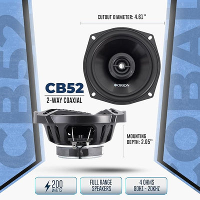 ORION Cobalt Series CB52 5.25” 2-Way Coaxial Car Speakers, 200W, 4 Ohms, Full Range, Enhanced Bass, Polypropylene Cone & Butyl Rubber Surround, Easy Install, Grills Included (Pair)