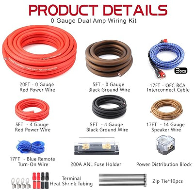 0 Gauge Dual Amp Wiring Kit Make Connections and Bring Power to Your Radio,Subwoofers and Speakers