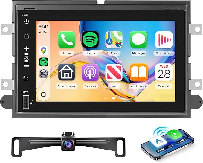 Car Radio for Ford F150 F250 F350 Fusion Taurus Edge Explorer Car Stereo with 7'' 1080P Touchscreen License Plate Backup Camera Wireless Carplay Android Auto Bluetooth WiFi 16EQ GPS FM/RDS