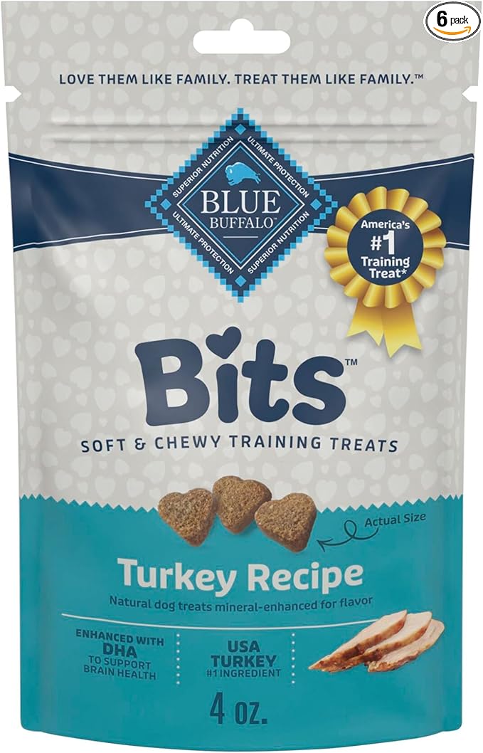 Blue Buffalo Bits Soft Dog Treats for Training, Made with Natural Ingredients & Enhanced with DHA, Turkey Recipe, 4-oz Bag (Pack of 6)