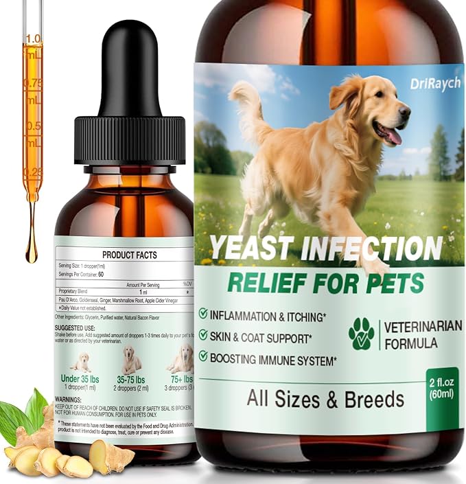 Yeast Infection Treatment for Dogs, Natural Dog Yeast Infection Treatment, Ear & Skin Itch Relief, Reduces Inflammation & Irritation, Herbal Dog Supplement Drops with Probiotics & Multivitamins, 2 FL