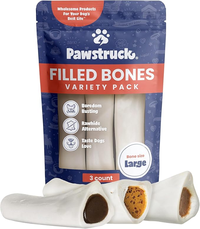 Large 5-6” Filled Dog Bones Variety Pack - Peanut Butter, Cheese & Bacon, Beef Flavors - Made in USA, Long Lasting Stuffed Femur Treat for Aggressive Chewers - Pack of 3, Packaging May Vary