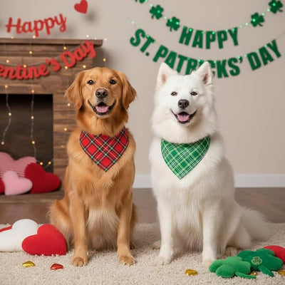 Weewooday 50 Pcs Valentine's & St. Patrick's Day Dog Bandanas Bulk Red & Green Plaid Bandanas for Dogs Soft Triangle Bibs Adjustable Scarf for Small Medium Large Pets(31.5 x 21.7 x 21.7 Inch)