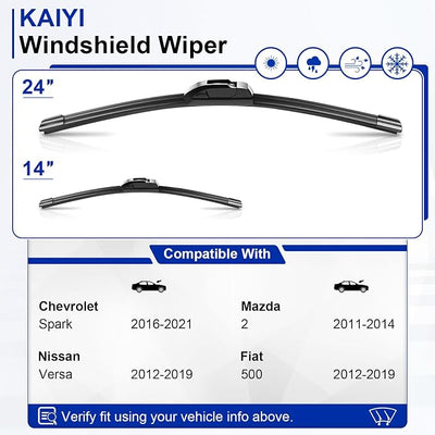 KAIYI 24" + 14" Windshield Wipers Compatible with Chevrolet Spark 2016-2021,Nissan Versa 2012-2019, Mazda 2 2011-2014,Fiat 500 2012-2019 Premium Automotive Replacement Windshield Wiper Blades 2 Pack