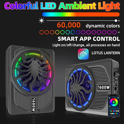 2026 Upgraded 1600W 10" Ultra-Slim Active Under Seat Car Subwoofer Built-in Amplifier & LED Lights | Distortion-Free Bass | Low Pass Filter, Gain & Bass Boost Control