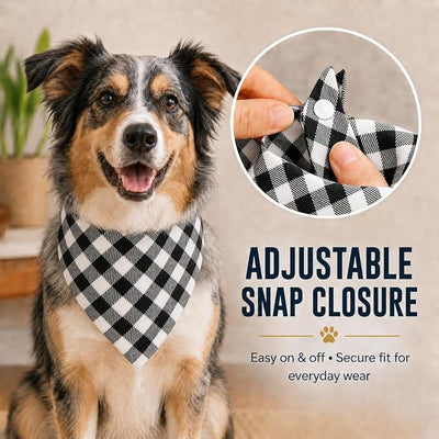 Soft Warm Black and White Plaid Scarf Bandanas for Dogs - Dual Layer Scarf with Button Snap and Soft Cotton Winter Dog Accessories Boy & Girl Pets(Medium)