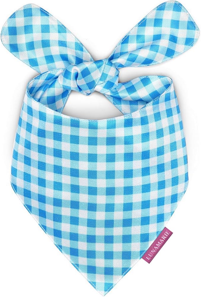 LunaMarie - Luxury Dog Bandanas - Puppy Bandanas Cat Accessories | Premium & Silky Fabric | 100% Handmade Quality | Custom Shape Dual Layered Small, Medium, Large Cat Scarf (Blue Checkers, Small)