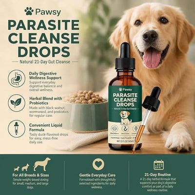 Pawsy Parasite Cleanse Drops, Herbal Digestive Support Liquid for Dogs, Daily Gut Wellness Formula with Probiotic Blend for Small Medium & Large Dogs, 2 Fl Oz