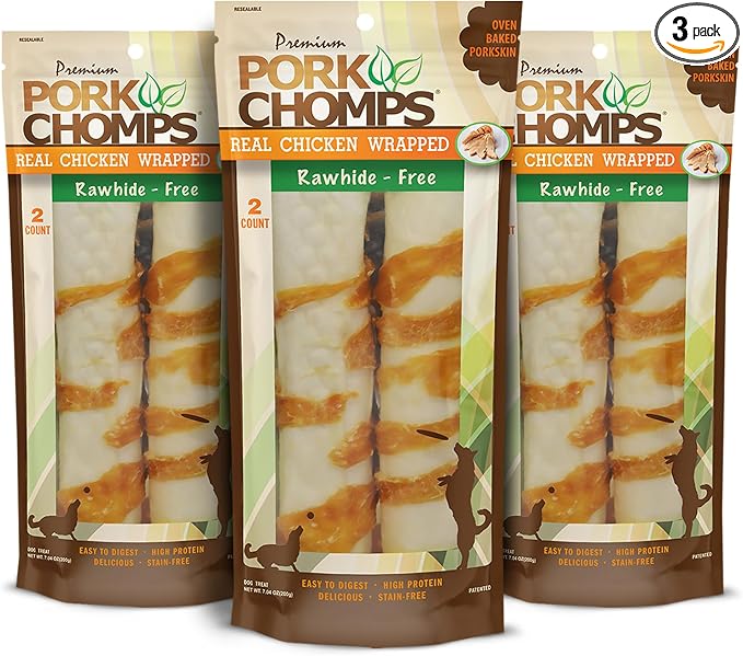 Baked Pork Skin Dog Chews, 8-inch Rolls, Real Chicken Wrap, 2 Count (Pack of 3)