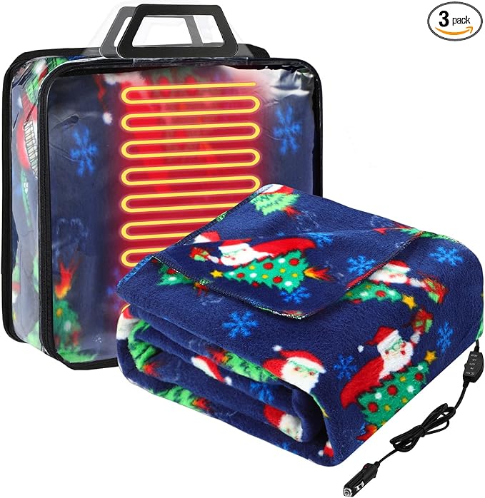 Tuanse 58 x 43 Inches 12 Volt Heated Car Blanket Plug in Portable Car Electric Blanket with Cigarette Lighter, Temperature Controller and Storage Bag for Rv Truck Traveling(Dark Blue,Santa Claus)