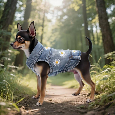 Pet Clothes Vintage Denim Dog Jacket with Daisy Embroidery - Puppy Stylish Pet Coat for Chihuahua, Yorkie Small Breeds - All-Season Comfort (Light-Blue,X-Small)