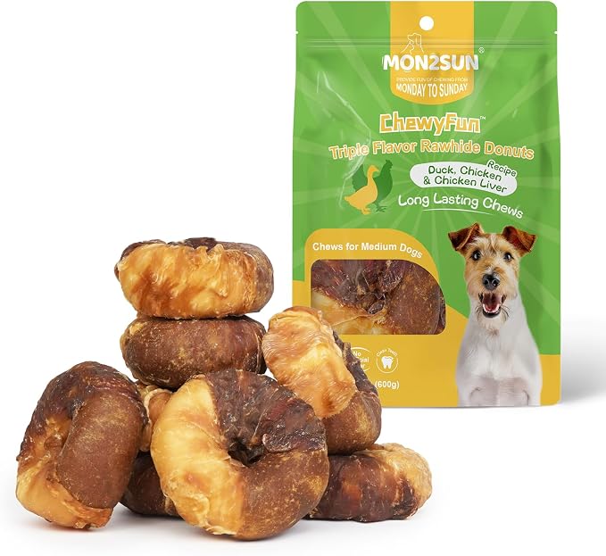 MON2SUN 3-3.5 Inch Duck, Chicken and Chicken Liver Wrapped Rawhide Donuts Dog Treats, Long Lasting Chew Treats for Medium & Large Dogs, 21.2 oz (8 Count)