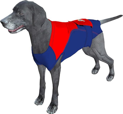 SurgiSnuggly Veterinary Invented Dog Surgical Recovery Suit for Female Spay Or Male Dogs Neuters Onesie,Cone Alternative, Onesie Suit for After Surgery Small, Medium, Large Dog - Large Long Blue Red