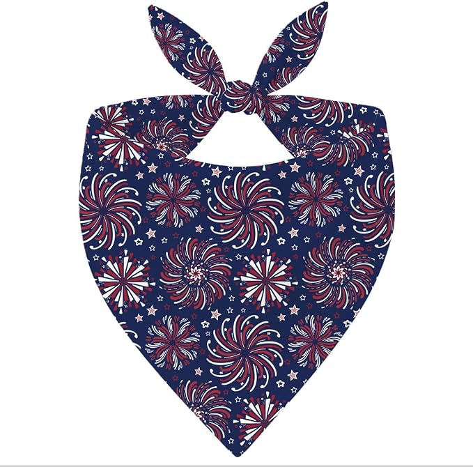 4th of July Dog Bandana, Patriotic Fireworks Burst Pet Triangle Scarf for Independence Day Party Outfit, Navy Star Neckerchief for Small Medium Dogs, Independence Day Puppy Gift