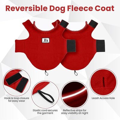 DENTRUN Reversible Dog Coat - Windproof Polar Fleece Vest with Reflective Neck Strips, Hook & Loop Closures, Easy-On Cold Weather Jacket for Medium Puppies (Medium Dogs Gear)