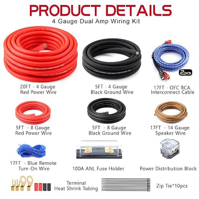 4 Gauge Dual Amp Wiring Kit Make Connections and Bring Power to Your Radio,Subwoofers and Speakers
