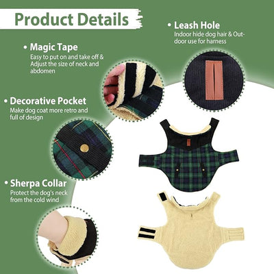 Winter Coat for Small and Medium Dogs, Puppy Plaid Jacket, Cotton Coat for Cold Weather, Windproof Warm Dog Garments, Pet Thickened Outfits Indoor Outdoor, Green L