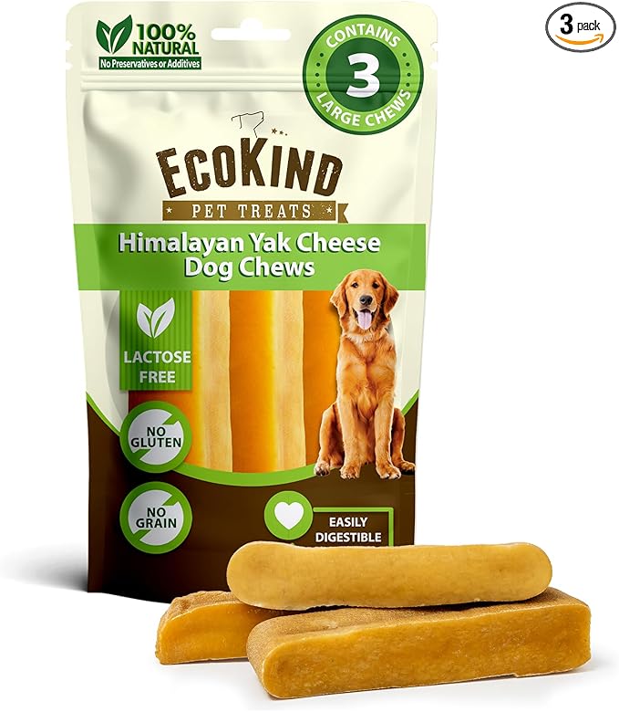 EcoKind Yak Cheese Himalayan Dog Chews, Yak Chews for Large Dogs, Long Lasting Bone for Aggressive Chewers, Only 3 Ingredients, Natural High Protein Treats, No Additives, Lactose Free, Large - 3 Chews