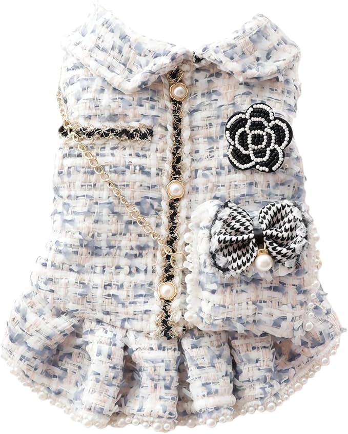 Spring Fall Winter Dog Tweed Coat with Pearl Design, Warm Fleece Dog Dress for Small Medium Dogs & Cats, Cute Puppy Clothes with Bow & Flower, Luxury Pet Outfit for Girls(Blue,XL)