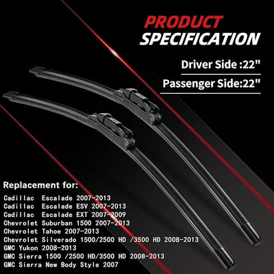 Windshield Wiper Blades Replacement for 2007-2013 Chevy Silverado | 1500/2500HD/3500HD Tahoe Suburban Avalanche GMC Sierra Yukon OTUAYAUTO All-Weather Performance 22"+22" Wipers (Pack of 2)