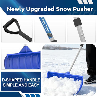 Snow Pusher Shovel for Driveway Car Garage, 24 Inch Snow Removal Plow with D-Grip Handle Aluminum Strip, Ergonomic Heavy Duty Wide Snow Shovel for Home Outdoor, Blue(24")