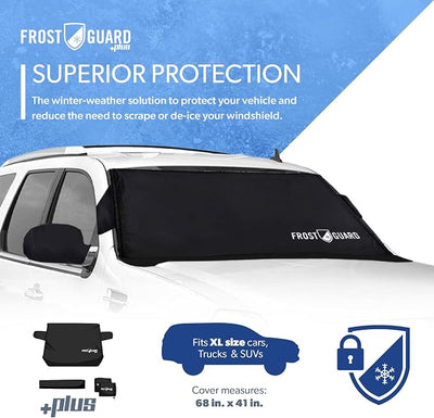 FrostGuard Plus | Winter Windshield Cover for Ice and Snow, XL Size (Black) - Built-in Security Panels, Wiper Blade Coverage + Mirror Covers - Fits XL Size Cars, Trucks and SUVs, 68 x 41 Inches