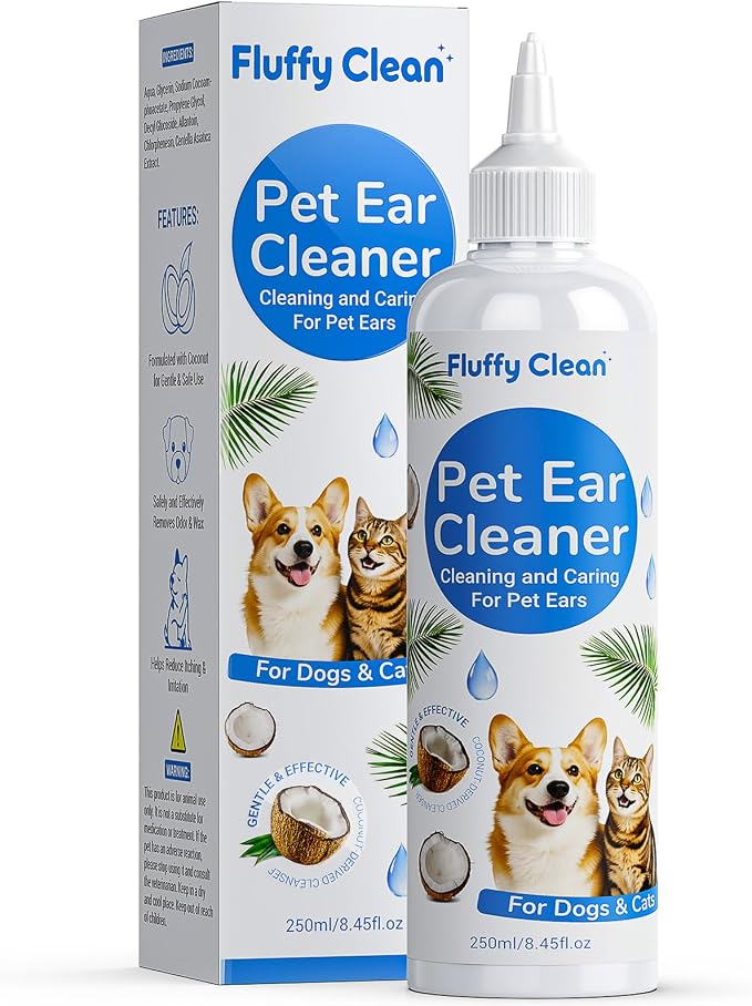 Dog Ear Cleaner - Pet Ear Wash, Flush and Drop Cleaner Solution for Cat & Dog Infection and Itch Relief, Gently Removes Debris, Wax Buildup, Odor - 8 fl oz