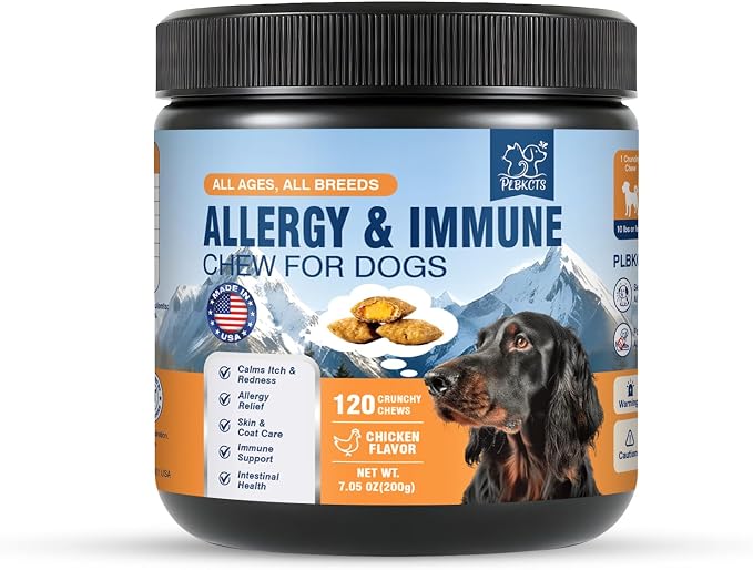 Dog Allergy Chews-90 Crunchy & Creamy Chews, anti-Allergy & Itching Skin Relief Bites Immune Support, with Omega 3 Fish Oil Probiotics for Seasonal All Issues Allergies Made in USA Chicken Flavor
