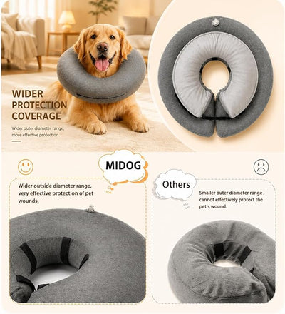MIDOG Inflatable Dog Cone, Soft Donut Recovery Collar Alternative After Surgery to Help Prevent Licking, Comfy E Collar with Neck Pillow Design, Grey, XL