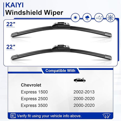 KAIYI 22" + 22" Windshield Wipers Compatible with Chevrolet Express 1500 2002-2013,Express 2500 2000-2020,Express 3500 2000-2020 Premium Automotive Replacement Windshield Wiper Blades 2 Pack