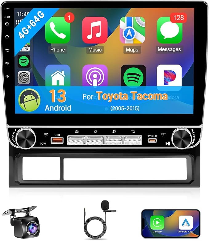 4+64G Car Radio Stereo for Toyota Tacoma 2005-2015 Upgrade with Wireless Carplay Android Auto 10.1'' IPS Touchscreen Buit in Bluetooth GPS Navigation WiFi FM Backup Camera MIC