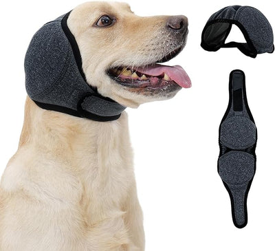 Dog Head Wrap - No Shake Ear Wrap Snood for Noise & Anxiety Relief, Ear Protector with Calming Hoodie, Dog Headband Ear Muffs for Hematoma, Grooming and Drying (Pearl Gray, L(Head Circle:18"-24"))