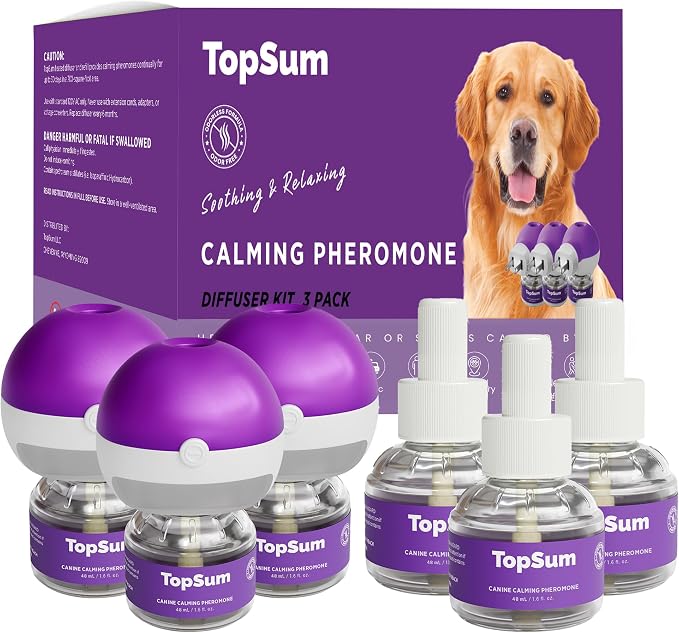 Calming Diffuser for Dog: Dog Pheromones Calming Diffuser Plug for Stress, Barking, Chewing, Pee Accidents & Separation Behaviors (Purple– 3 Diffusers + 3 Refills)