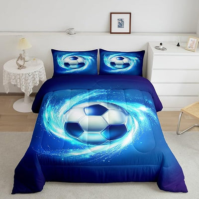 Erosebridal Football Comforter Set, Kids Soccer Pattern Bedding Set Sports Games Theme Duvet Set Twin Size for Boys Teens Youth, Geometric Honeycomb Hexagon Bedding Comforters for Bedroom, Blue