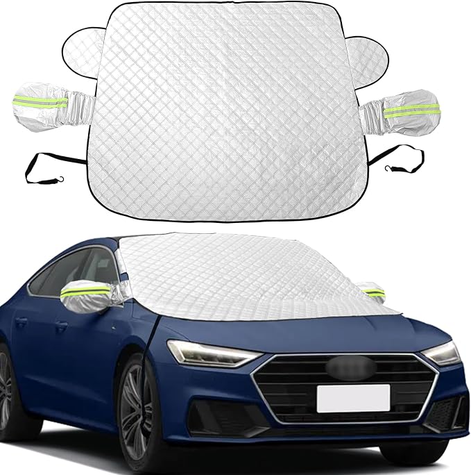 Car Windshield Snow Cover with Side Mirror and Hook, Winter Magnetic Windshield Sun Shade Foldable, Windshield Cover for Ice and Snow, Fit for Small Sedan, Compact SUV, (58"x47") Silver