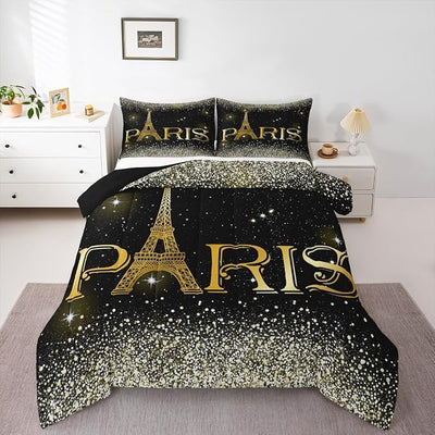 Erosebridal 3 Pcs Eiffel Tower Comforter Set,City Building of Paris Quilted Comforter King Size,Gold Yellow Ombre Glitter Bedding Set with 2 Pillow Cases