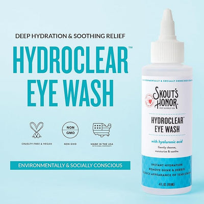 SKOUT'S HONOR HydroClear Eye Wash with Hyaluronic Acid, 4oz Bottle - Non-Medicated, Daily Eye Care for Dogs & Cats