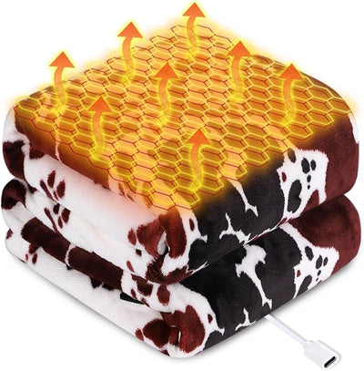 USB Type-C Powered Heated Throw Blanket for Women, 50" X 60" 9V 18W Portable Cow Print Electric Heating Blanket with 3 Heat Settings, 8-Zone Graphene Heating Blankets for Couch Car Office Outdoor