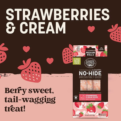 Earth Animal No-Hide Rolls Strawberries & Cream Vegetarian Recipe Medium Natural Rawhide Alternative Dog Chews, 3 Pack Value Pack
