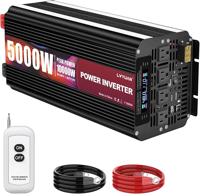 LVYUAN 5000 Watt Power Inverter 48V to 110V 120V for Vehicle, Solar Inverter System, Heavy Duty, RV, Truck, Off Grid,Camping with 4 AC Outlets, LCD Display, Wireless Remote Control, Car Power Inverter