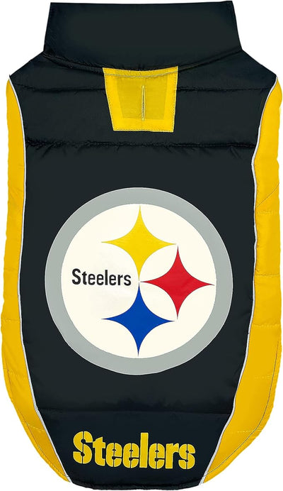 NFL Pittsburgh Steelers Puffer Vest for Dogs & Cats, Size Medium. Warm, Cozy, and Waterproof Dog Coat, for Small and Large Dogs/Cats. Best NFL Licensed PET Warming Sports Jacket