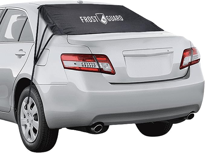 FrostGuard Rear Windshield Cover for Ice and Snow, for Sedans - Rear Window Cover to Reduce Scraping, with Elastic to Conform to Vehicle's Shape - Secure Hooks for A Tight Fit - Black, 50 x 32 Inches