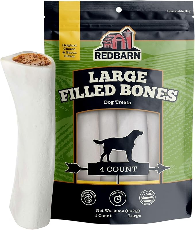 Pet Products Large Filled Dog Bones, Cheese & Bacon Flavor - Long Lasting Stuffed Femur Chew Treat Made in USA - 4 Count - Packaging May Vary