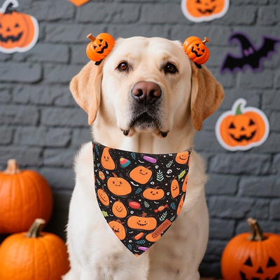 PTDECOR Halloween Dog Bandana, Pumpkin Ghost Design Reversible Holiday Pet Scarf, Black Yellow Halloween Bandanas for Medium Large Dogs Pets (Large)