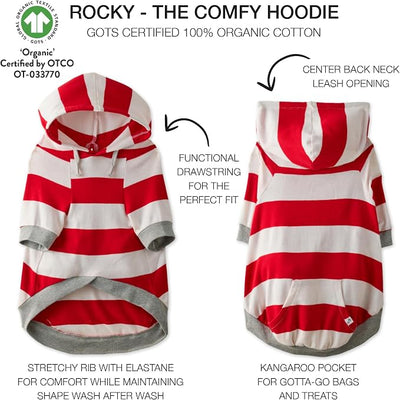 Pet Passion Rocky – The Original Lightweight Hooded Tee 100% Organic Cotton Dog Hoodie Pet Coat Sweater for All Sized Dogs, Red Bold Stripe, X-Small (5-12 lbs)