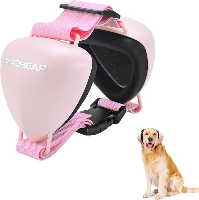 Dog Ear Muffs Hearing Protection for Dogs, NRR 28dB Noise Cancelling Headphones, Easy to Adjust Dog Hearing Protection Earmuffs for Thunder, Hunting, Tourism, Cars, Racing, Large, Pink