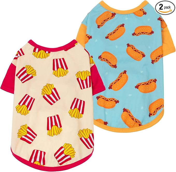Fitwarm 2 Pack Hot Dogs & French Fries Dog Shirt, Funny Summer Clothes for Small Dogs Boy Girl, Cozy Pet Outfit, Beige, Blue, XL