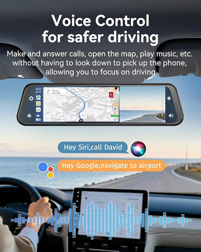 4K Rear View Mirror Camera with Carplay&Android Auto,12" Mirror Dash Cam Front and Rear with Voice Control for Cars&Trucks,Smart Touch Screen,64GB Card Included/Loop Record/Reverse Assist